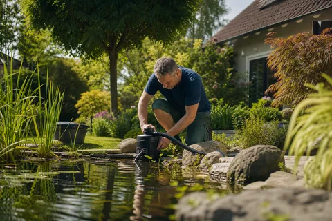 Symbolbild zum Ratgeber „Stromkosten im Garten senken: Pumpen, Licht & Co“: eine Person kontrolliert die Teichpumpe im sonnigen Garten.