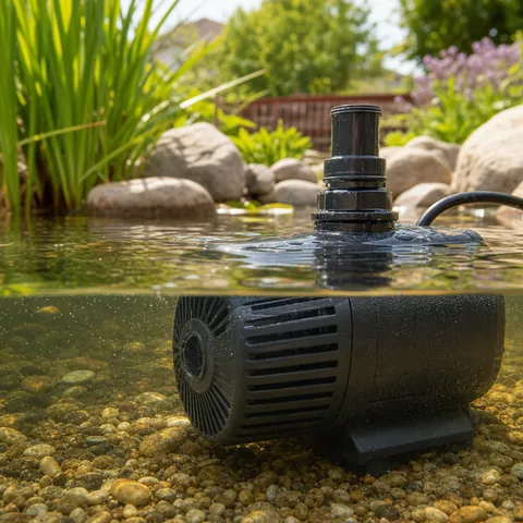Illustration zum Abschnitt „Drei Fragen, bevor du im Garten sparst“ im Ratgeber „Stromkosten im Garten senken: Pumpen, Licht & Co“: Nahaufnahme einer Teichpumpe im Wasser.
