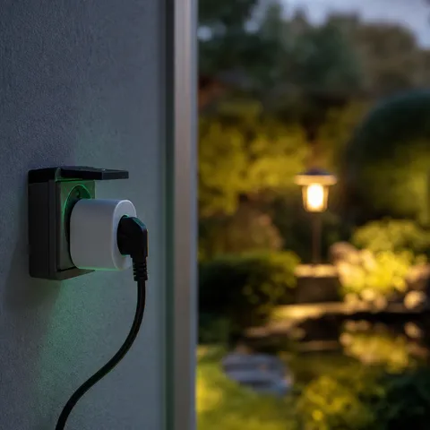 Illustration zum Abschnitt „Teich- und Poolpumpen richtig steuern“ im Ratgeber „Stromkosten im Garten senken: Pumpen, Licht & Co“: Nahaufnahme einer smarten Steckdose an der Gartenbeleuchtung.