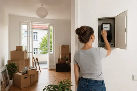 Symbolbild zum Ratgeber „Strom anmelden bei Umzug: Checkliste & Ablauf“: Umzugskartons in einer leeren Wohnung, eine Person liest den Zähler ab.