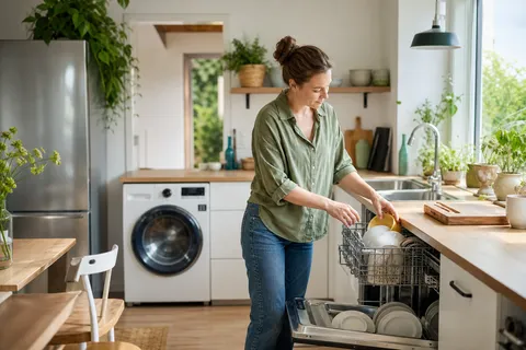 Symbolbild zum Ratgeber „Strom sparen im Haushalt: Die wirksamsten Hebel“: eine helle Küche mit Kühlschrank, Waschmaschine und Spülmaschine.