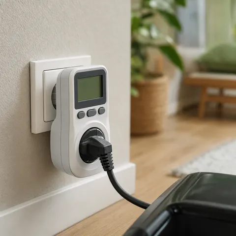 Illustration zum Abschnitt „Wo die größten Hebel liegen“ im Ratgeber „Strom sparen im Haushalt: Die wirksamsten Hebel“: Nahaufnahme eines Energiemessgeräts an der Steckdose.