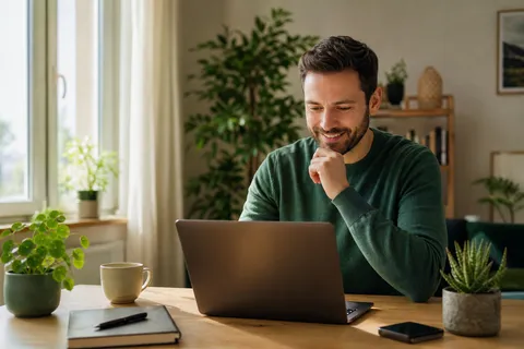 Symbolbild zum Ratgeber „Stromanbieter wechseln: Die Anleitung in 5 Schritten“: eine zufriedene Person vergleicht Stromtarife am Laptop.