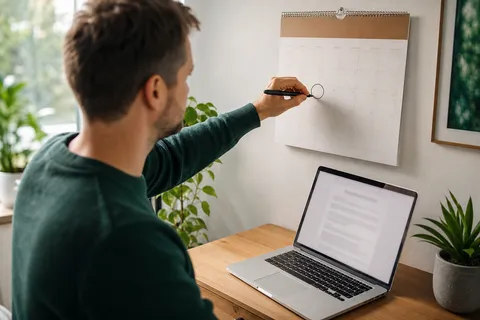Symbolbild zum Ratgeber „Wechseln trotz laufendem Stromvertrag (2026)“: eine Person markiert ein Datum im Kalender neben dem Laptop.