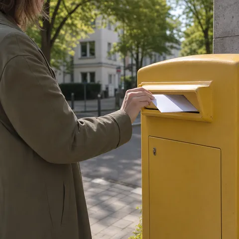Illustration zum Abschnitt „Diese Angaben machen die Kündigung eindeutig“ im Ratgeber „Stromvertrag kündigen: Vorlage zum Sofort-Nutzen“: eine Person wirft einen Brief in den Briefkasten ein.