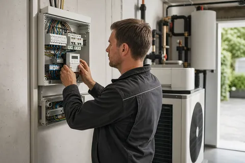 Symbolbild zum Ratgeber „Wärmepumpe messen: eigener Zähler oder Kaskade?“: ein Elektriker installiert einen separaten Zähler im Hauswirtschaftsraum.