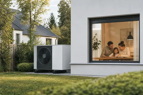 Symbolbild zum Ratgeber „Wärmepumpentarif oder Haushaltsstrom: was lohnt sich?“: ein Haus mit Wärmepumpe und einer Familie im hellen Fenster.