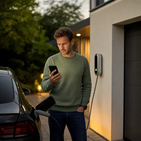 Illustration zum Abschnitt „Die Sorge vieler E-Auto-Fahrer: bleibt der Akku leer?“ im Ratgeber „Wallbox und § 14a EnWG: Drosselung statt Blackout“: eine Person prüft besorgt den Ladestand auf dem Smartphone.