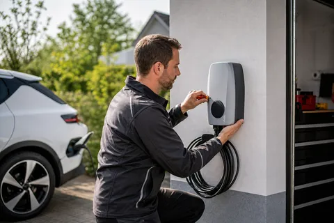 Symbolbild zum Ratgeber „Wallbox anmelden: Pflichten bis 11 kW und ab 12 kW“: ein Elektriker installiert fachgerecht eine Wallbox an der Garagenwand.