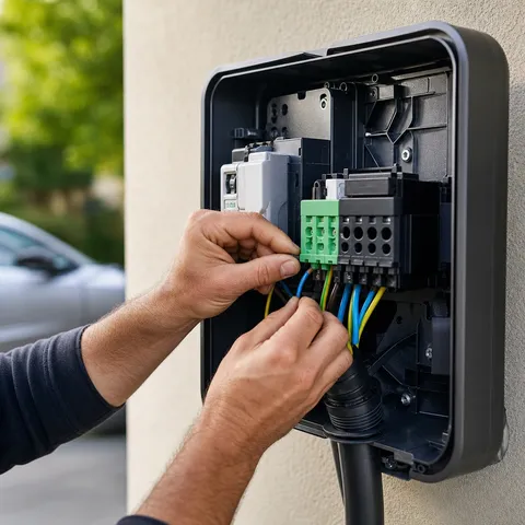 Illustration zum Abschnitt „Nicht einfach einstecken: warum die Wallbox gemeldet sein muss“ im Ratgeber „Wallbox anmelden: Pflichten bis 11 kW und ab 12 kW“: Nahaufnahme der Hände eines Elektrikers in einer geöffneten Wallbox.