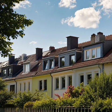 Illustration zum Abschnitt „Grund 2: Langfristig eingekauft, verzögert weitergegeben“ im Ratgeber „Warum die Grundversorgung fast immer mehr kostet“: eine Reihe von Wohnhäusern unter hellem Himmel.